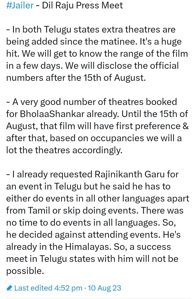 Press statement from @DilRajuOff_ @SVC_official 

#JailerBlockbuster at Telugu 🔥🔥🔥🔥

#Jailer | #JailerReview | #JailerBookings | #Rajinikanth | #SuperstarRajinikanth | #superstar @rajinikanth