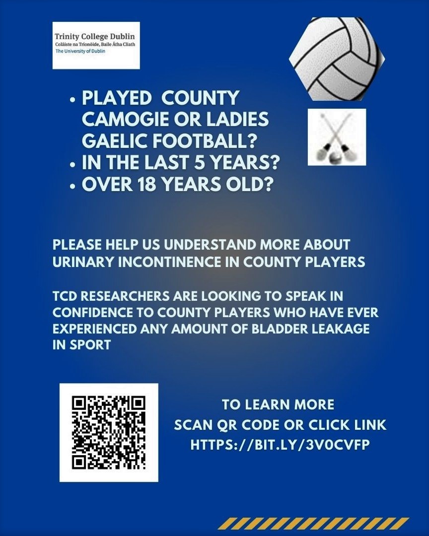 📢Calling County Camogie players who played County in last 5 years. Can you help with important research? One out of two players experience some leakage of urine when playing. We want to talk to players about this. Study closing soon. See link: bit.ly/3V0cvfp Please RT