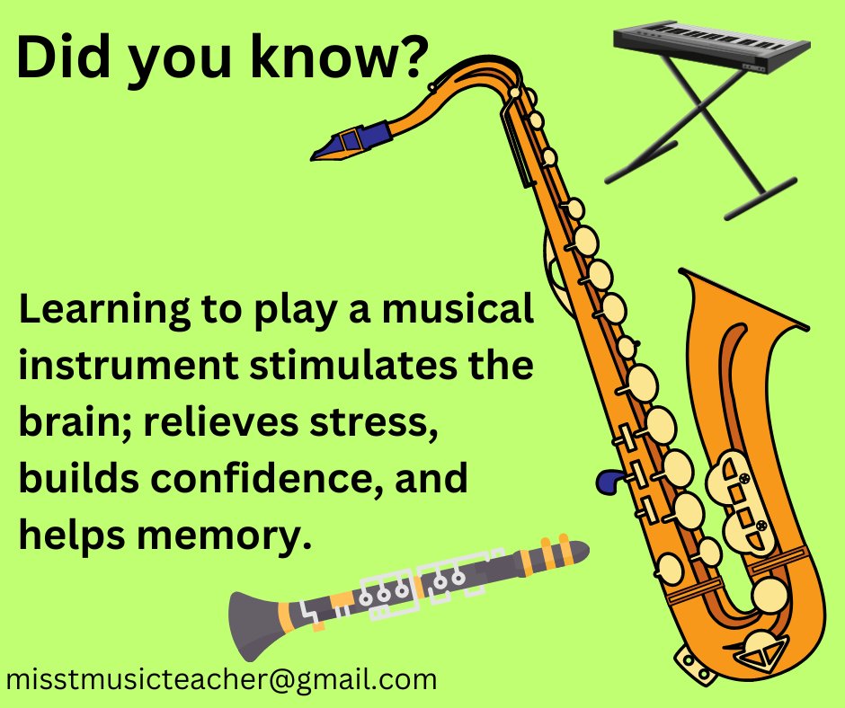 misstmusicteach's tweet image. Did you know learning to play a musical instrument stimulates the brain; relieves stress, builds confidence, and helps memory?