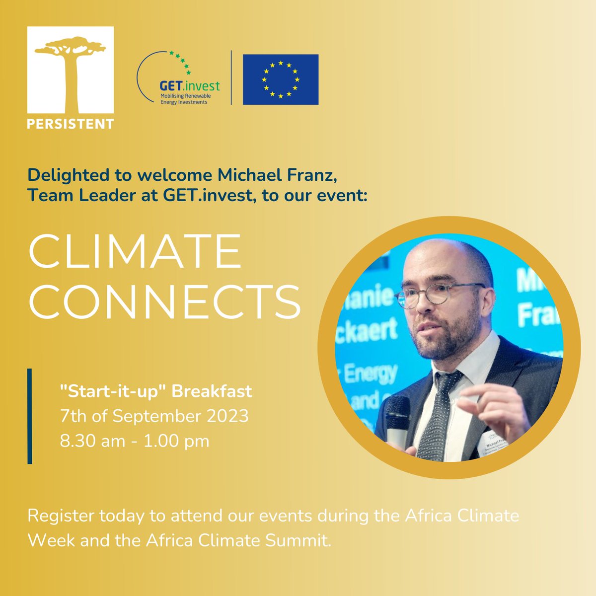 PersistentEnrg's tweet photo. We look forward to having Michael Franz from @GET_invest at our #CLIMATECONNECTS event "Start-it-up"! 

Have you registered yet? 
https://t.co/biMer9zz2L https://t.co/lSulOPGo1o