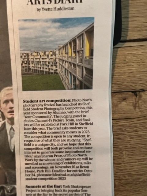 Student photography competition sponsored by Alumno  launched by @photonorthfest has been featured in this weekends @theyorkshirepost  The brief to students is “Your Community’. Judging panel include <a href="/channel4/">Channel 4</a> `s Picture Team, and finalists will be displayed at <a href="/betonhouse_hfs/">Béton House, Park Hill</a>