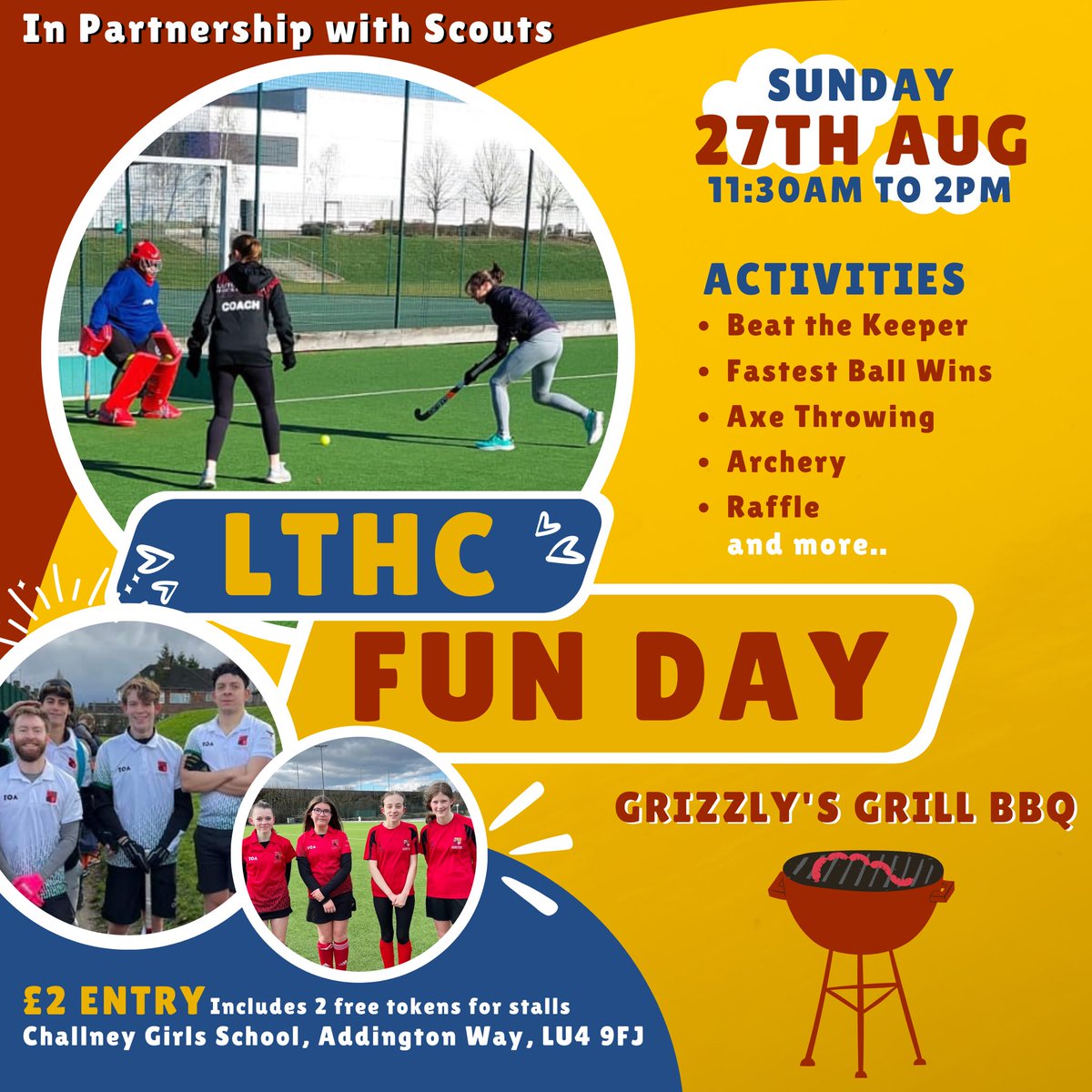 LTHC Fun Day 2023 in partnership with Scouts. Join us at Challney Girls School on Sunday 27th August from 11:30am to 2pm for an afternoon full of food & activities including Axe throwing, beat the keeper, fastest ball wins & more. £2 entry that includes 2 free tokens.
