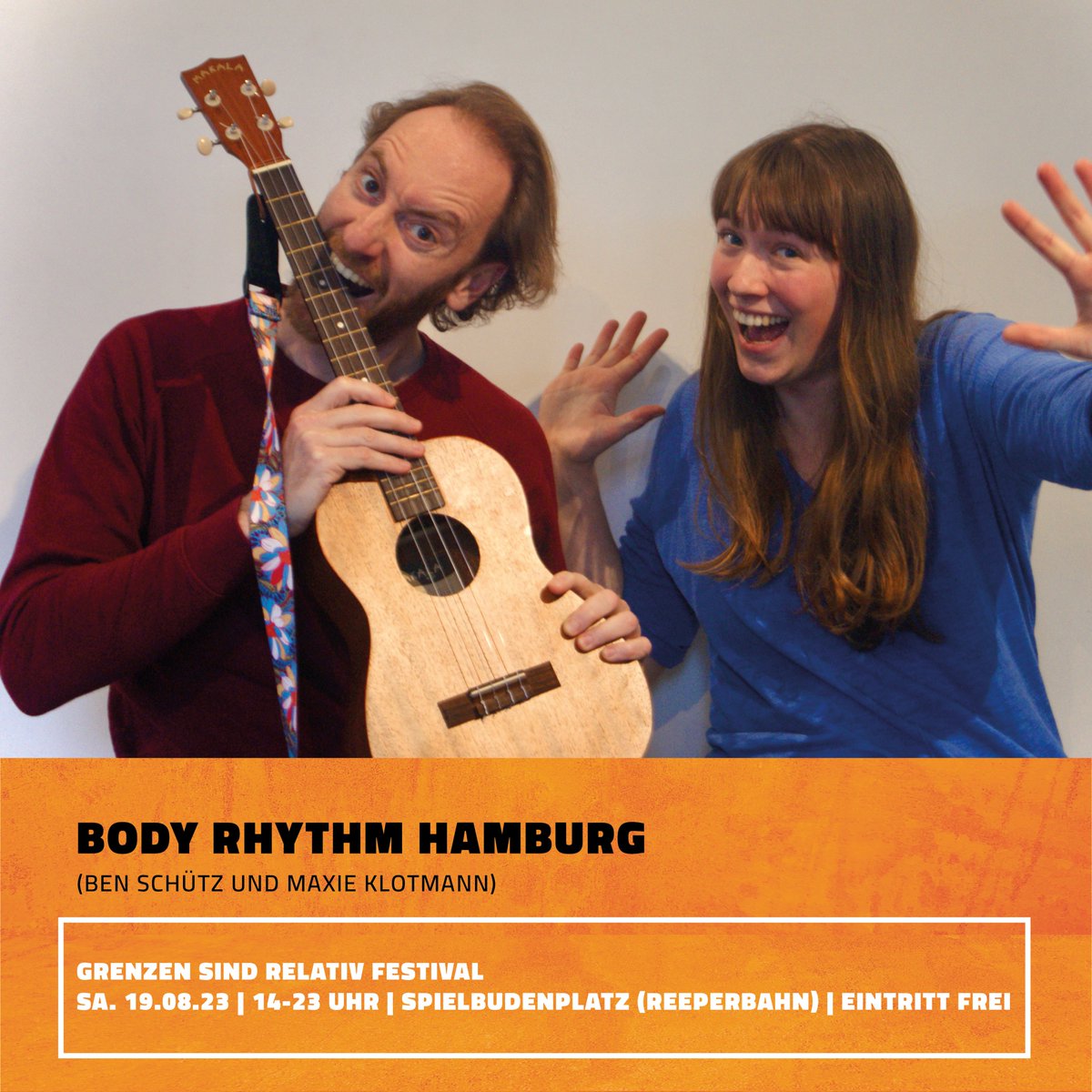 Ben und Maxie von Body Rhythm Hamburg laden euch mit Body Percussion, Ukulele und Loopstation zum gemeinsamen Grooven auf dem GSR Festival 23 <a href="/spielbudenplatz/">Spielbudenplatz</a> ein. 
Wir freuen uns auf den Groove :)

Infos Body Rhythm Hamburg: bodyrhythm.de

#grenzensindrelativ #festival