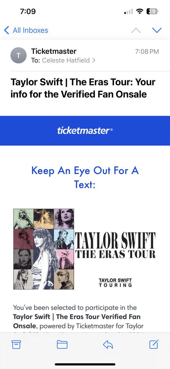 celestehatfield's tweet photo. @Ticketmaster @taylorswift13 @TMFanSupport I was selected to get a presale code but the text didn’t come through! My sale is today at 1:00 and I’m panicking!! HELP!! https://t.co/x1V4fYQxJS