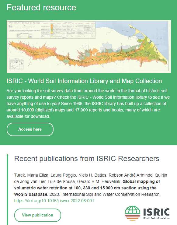 Latest <a href="/ISRICorg/">ISRIC - World Soil Information</a> newsletter 📩 landed in inboxes yesterday with:
5⃣ News stories
4⃣ Publications
1⃣ Featured resource
🌠 <a href="/WorldSoilMuseum/">World Soil Museum</a> update
💁‍♀️"Meet ISRIC" staff bio

Find the issue and subscribe here: isric.org/subscribe-rece…