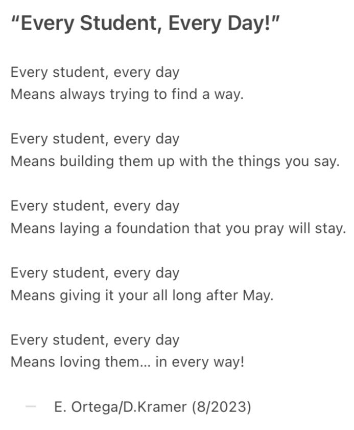 Both <a href="/mckinneyisd/">McKinney ISD</a> and <a href="/MinshewColts1/">MinshewColts1</a> have adopted this mindset/approach as our mantra this year. <a href="/inetradn/">Inetra Nelson</a> asked us to depict/express what that looks like to us, which led to this short poem. TY🙏🏽 <a href="/casas_jimmy/">Jimmy Casas</a> <a href="/KKB_CT3/">Kristyn Klei Borrero</a> for the inspiration! #WeAreMcKinney #EveryStudentEveryDay 🫶🏽