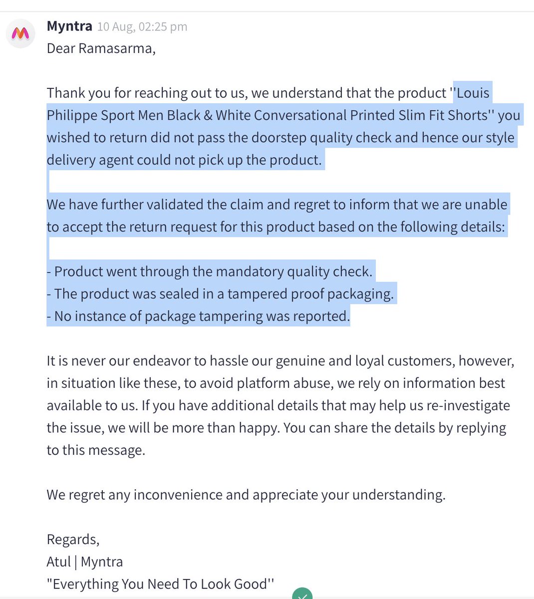 ramasar's tweet photo. @MyntraSupport @myntra Incident closed again, despite raising issue of wrong product received &amp; providing evidence.Where's proof that my order wasn't mistaken for a white tee instead of black shorts?Show me proof that you had sent me what I ordered. #MyntraService #WrongProductIssue #Myntrafail https://t.co/4LEvEbRodM