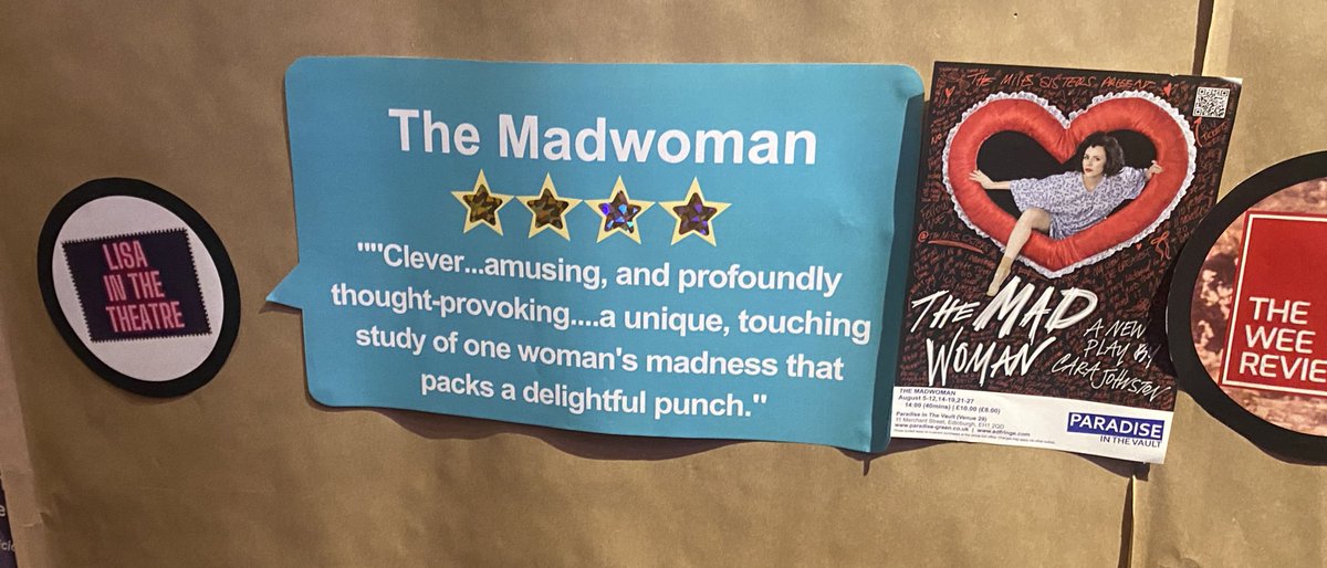 sisterjohnston's tweet photo. I got to the venue today and saw THE MADWOMAN made it onto the board! ⭐️⭐️⭐️⭐️ yay

@ParadiseGreenUK #paradisefringe #edfringe #FillYerBoots https://t.co/vKcQeIHoZ0