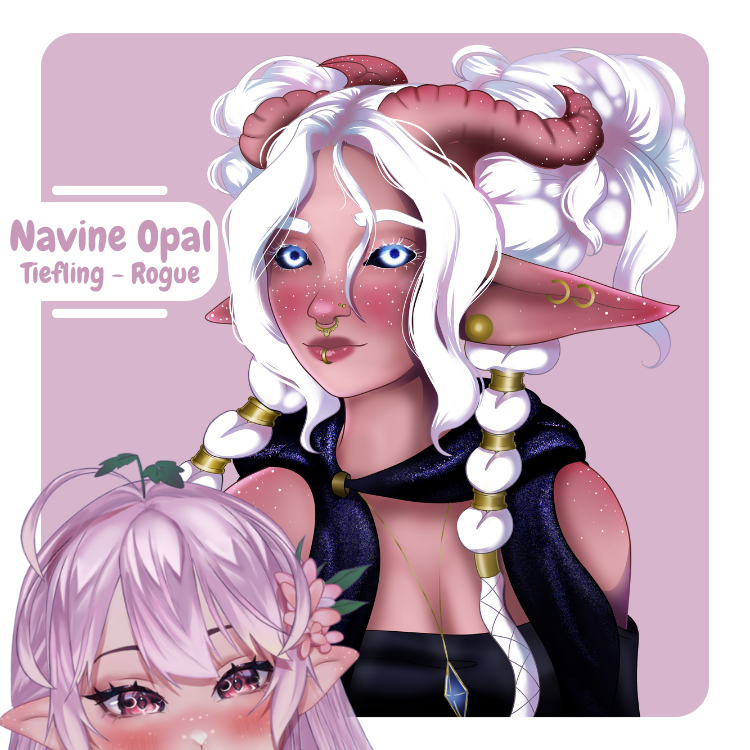 Meet Navine Opal!
My new OC for Tonight's DND One-shot Stream!

First time drawing my own DND Character
First time playing a Tiefling 
and first time playing as a Rogue! 

Very Excited! 🩷