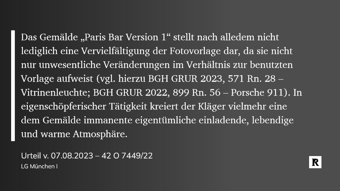 dr_ellenberg's tweet photo. Das LG München I hat die Miturheberschaft des Malers Götz Valien an den bekannten Bildern “Paris Bar” 1+2 von Martin Kippenberger anerkannt. Valien habe einen ausreichenden eigenschöpferischen Beitrag geleistet. Daran ändere auch der fotorealistische Charakter der Bilder nichts. https://t.co/admpc8xxCG