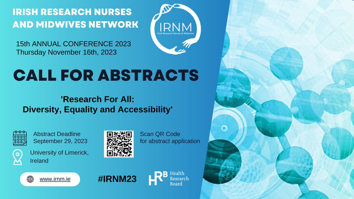 📢Another exciting call for abstracts @Irish_RNM  abstract deadline Friday 29th SEPT 2023

Scan the QR code and submit your abstract on ‘Research For All: Diversity, Equality & Accessibiliby’
#WhyWeDoResearch #Bepartofresearch #Nursing #Midwifery