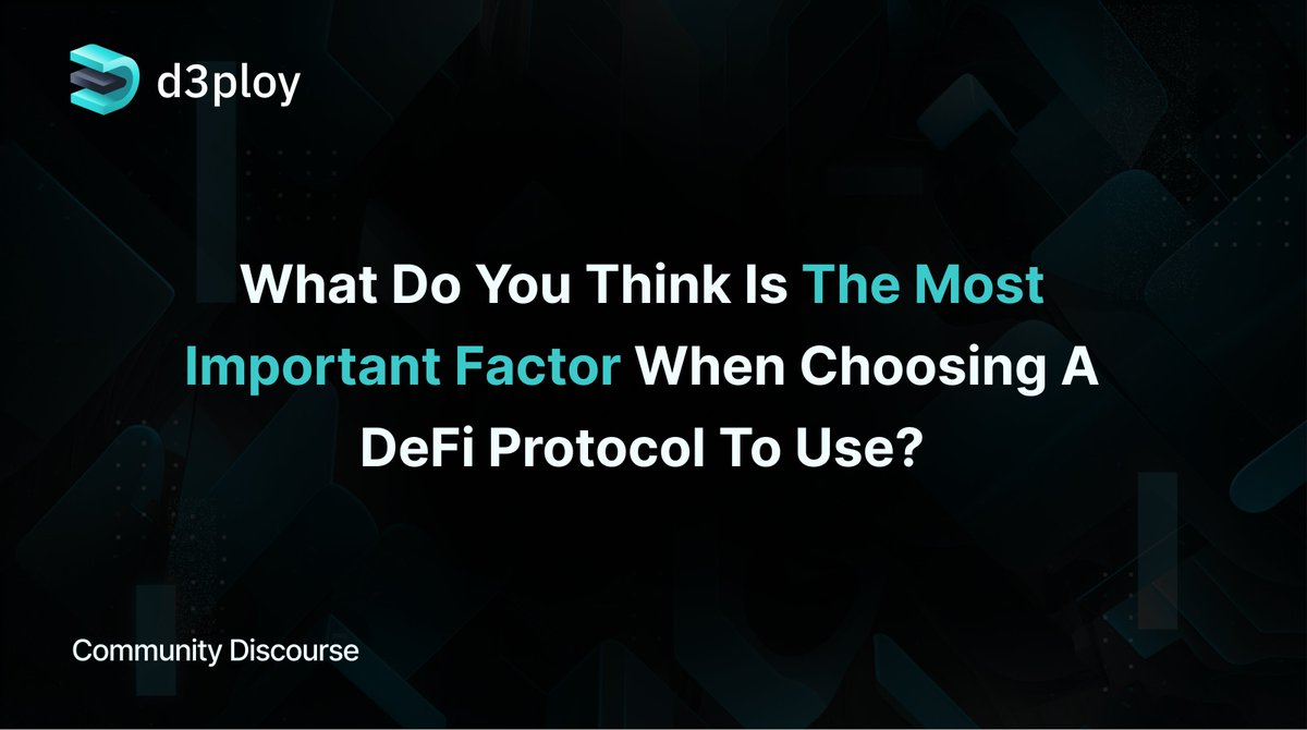 d3ploy_'s tweet image. Hey, @d3ploy_ community! 🌍

In the vast world of DeFi, there are countless options. 
When you&apos;re picking a DeFi protocol, what&apos;s the top factor you consider? 🧐

Weigh in below! ⬇️ 

#DeFi #d3ploy #Crypto
