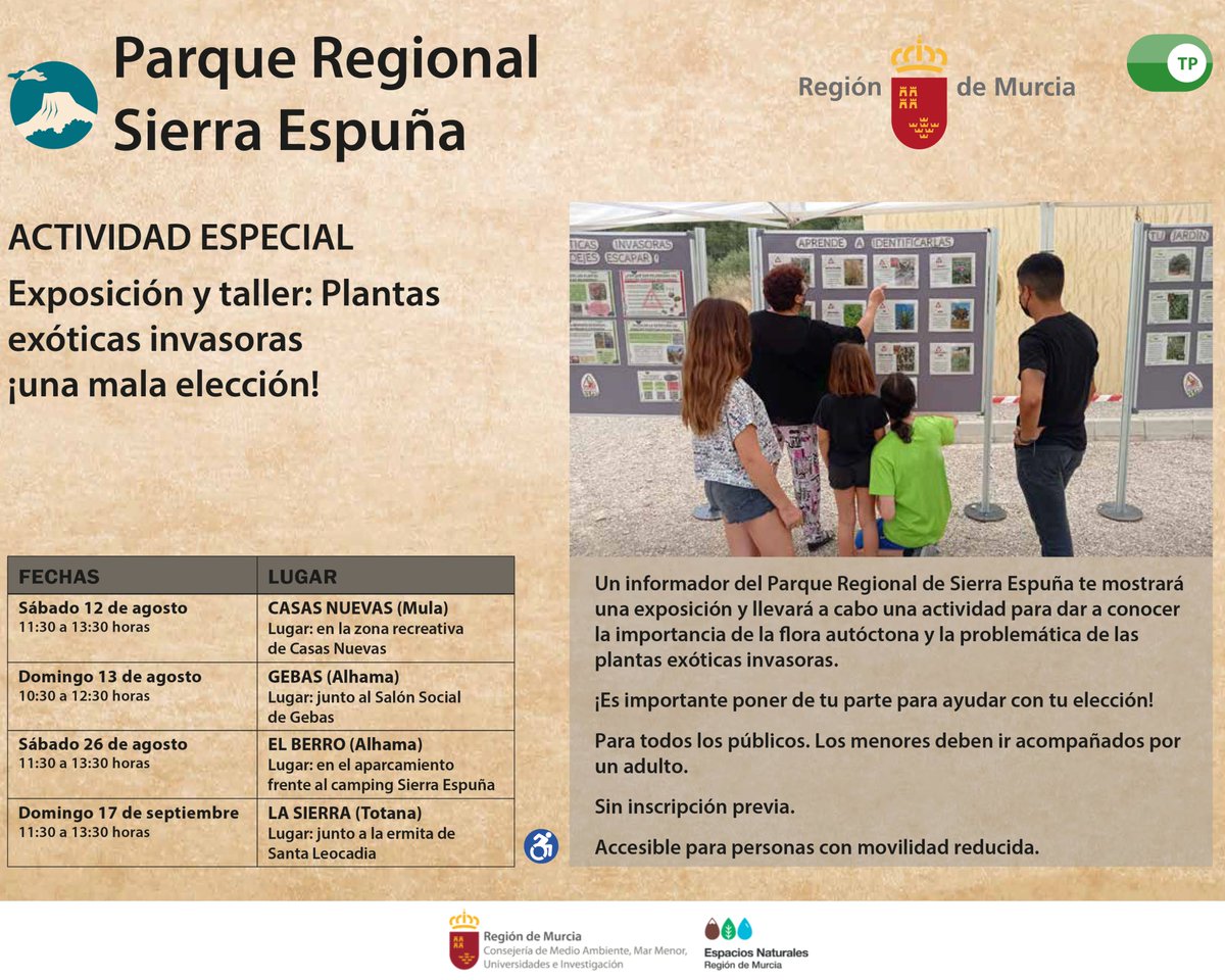 SierraEspunaPR's tweet photo. 🗓️ Los días 12 y 13 de agosto, te invitamos a unirte a nosotros en Casas Nuevas #Mula y Gebas #AlhamaDeMurcia respectivamente 😉
🔝 Participa en nuestros talleres de #EducaciónAmbiental y descubre las plantas exóticas invasoras 👾
#StopPlantasInvasoras #ServicioDeInformación https://t.co/lGsnj7nADj