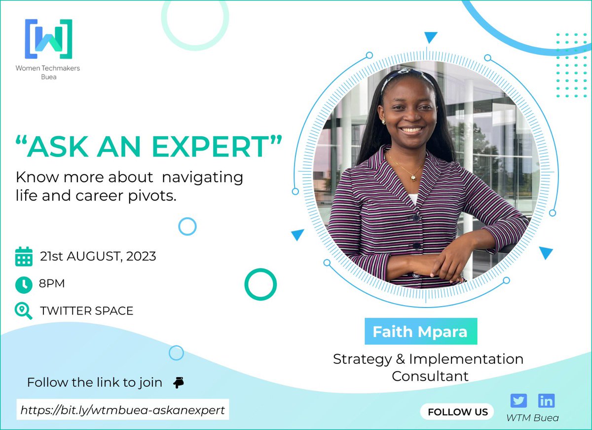 WTMBuea's tweet photo. 🔊🔊🔊 *Calling all aspiring entrepreneurs, tech enthusiasts, and women in STEM!*

We are excited to announce that our next AskAnExpert speaker is Miss Mpara Faith @mpara10, a strategy and implementation consultant with a passion for learning and supporting others.🤗🤗 https://t.co/hTT468j78J