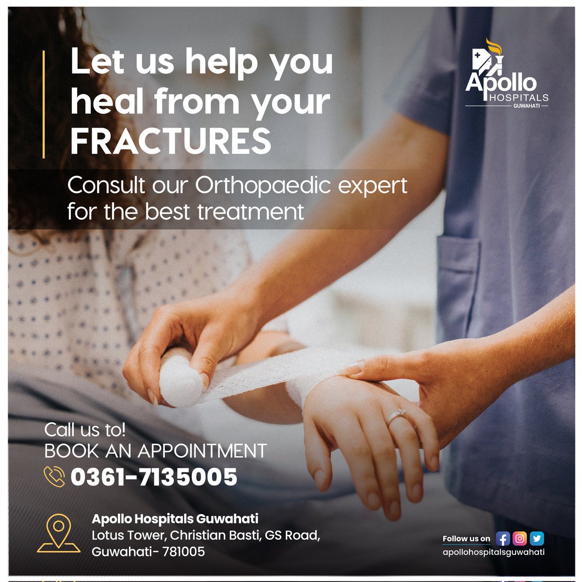 Heal from your painful fractures by our experts at Apollo Hospital, Guwahati.
For more information on health checkups and treatment at Apollo Hospital Guwahati or to seek an appointment, call 0361-7135005.
#apollodoctors #apollohospitalguwahati #orthopaedics #fracturehealing