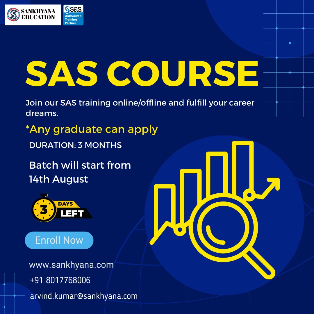sankhayana's tweet photo. #hurryup #3days #left
If you want to build your career as as Data Analyst
Join our SAS course and start your journey
Register Here : https://t.co/IO1ggYXFnL
#SankhyanaEducation #sankhyana #SAS #bangloreinstitute #tranining #basesas #advancesas #clinicalskills #trainingcourse https://t.co/qhRnkoHsmj