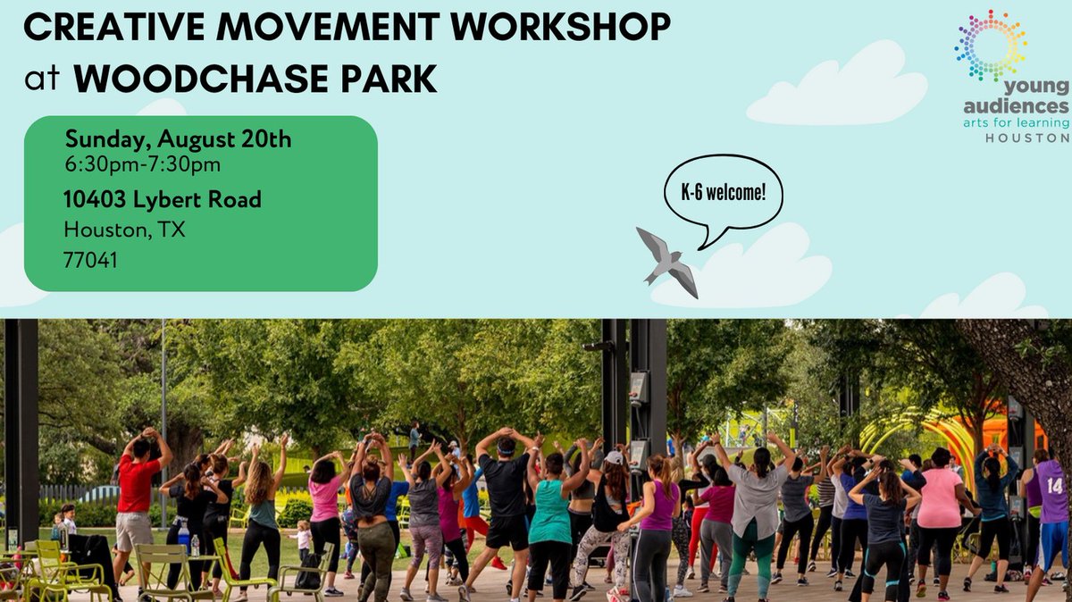 yahouston's tweet image. Join us the evening of Sunday, August 20th for a free dance workshop at Woodchase Park led by YAH Teaching Artist Haley Lee! We are so excited for an active and creative evening outdoors.

yahouston.org/public-perform…

#ArtsEd #ArtsForLearning #WoodchasePark #EveryChild