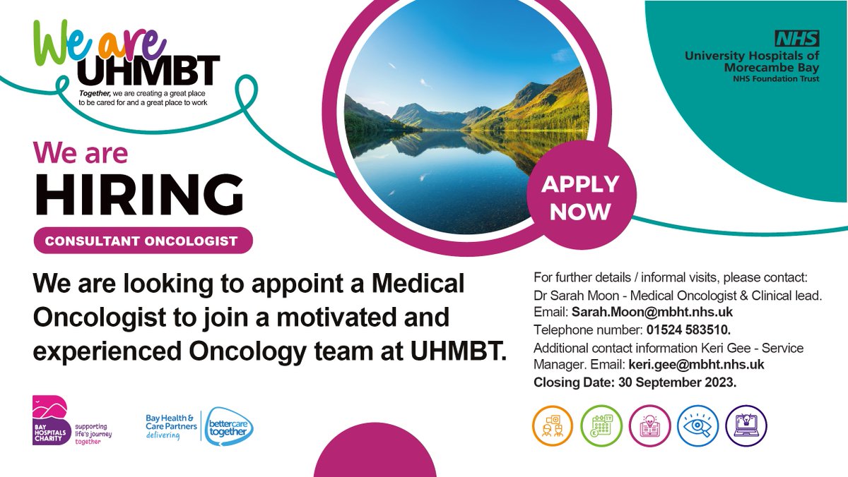 UHMBT's tweet photo. We have a vacancy for a Consultant Medical Oncologist to join our friendly and experienced Oncology team working across Morecambe Bay! Interested? Get more information and apply here: https://t.co/eLYSG9HNEc https://t.co/6PHgVi9xZc