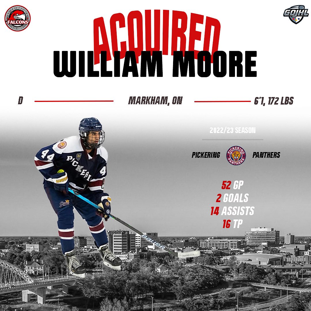 WILLIAM MOORE IS A FALCON👀

The St. Catharines Falcons are excited to announce that we have acquired William Moore from the Pickering Panthers of the OJHL‼️

“We welcome William to the city and to Brock U. With two years of Jr.A experience, we believe William will give…
