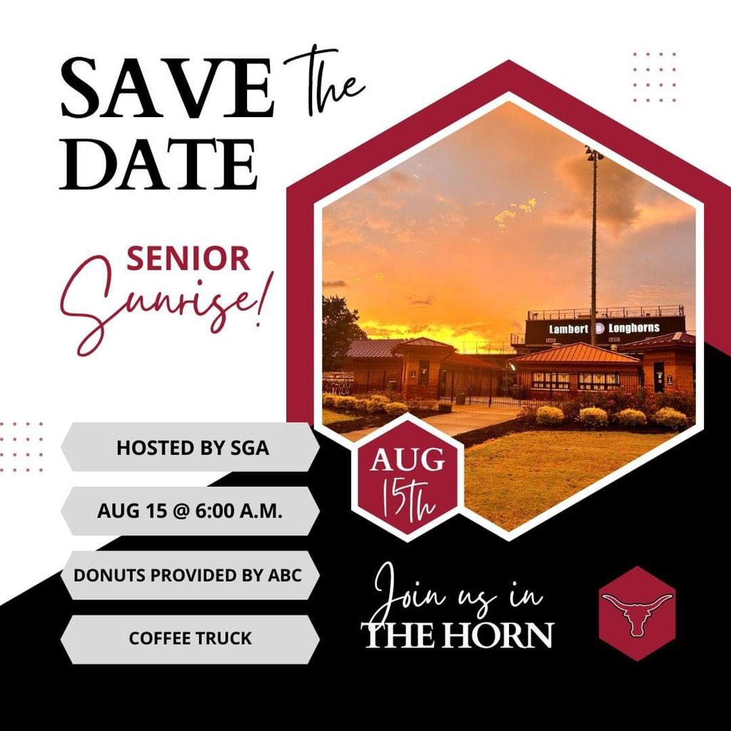 Attention Class of 2024: The weather keeps altering our plans, but we are doing our best to plan a beautiful Senior Sunrise. Please adjust your calendars one more time and plan to meet in the stadium on Tuesday, August 15 at 6:00 A.M. to watch the sun rise on your Senior year.