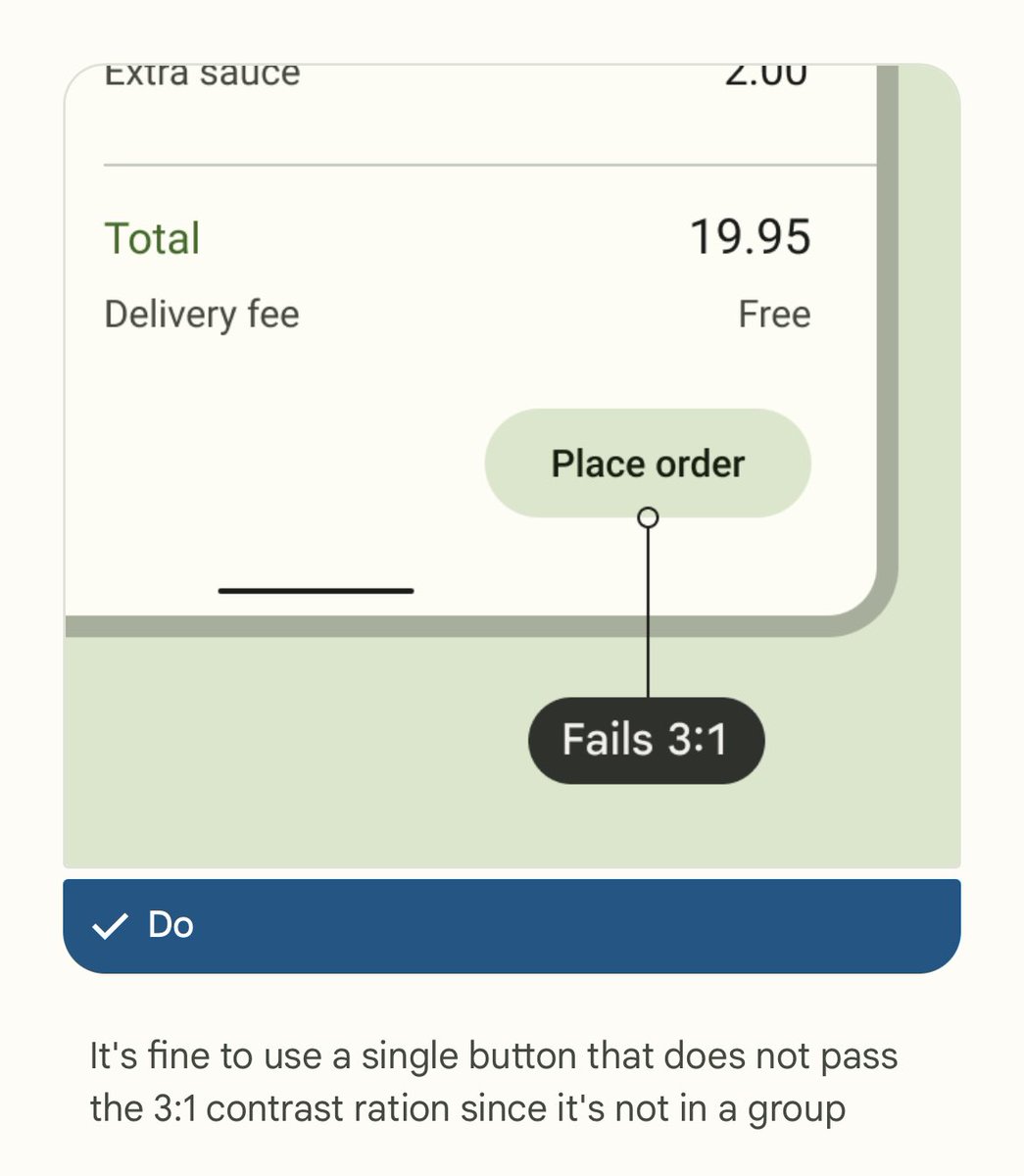 Can we talk about this horseshit? haha Go home Google ur drunk 🥴 “Nah it’s totally cool to fail contrast checks if you have a super cool aesthetic ✨” m3.material.io/components/but… #a11y #accessibility