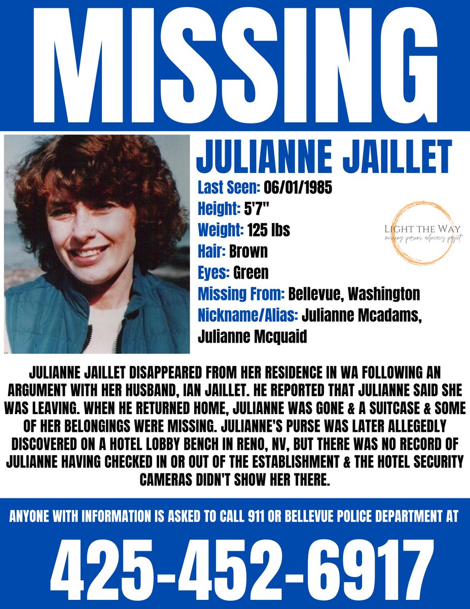 LightTheWay22's tweet image. #MissingPosterMonday #JulianneJaillet #Washington #MondayMotivation #Missing #MissingPerson #MissingMothers #ColdCase