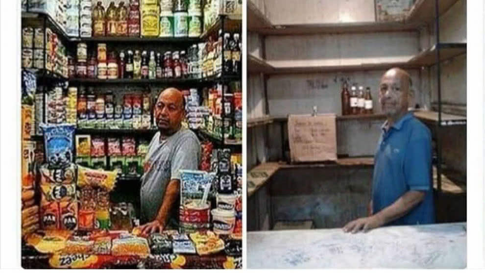 La imagen de un comerciante en Venezuela. 

La primera foto es de 1998 (Cuando Venezuela estaba secuestrada por la ultraderecha). 

La segunda foto es del año 2016 (Cuando había patria y dignidad). 

El chavismo amó tanto a los pobres, que los multiplicó.