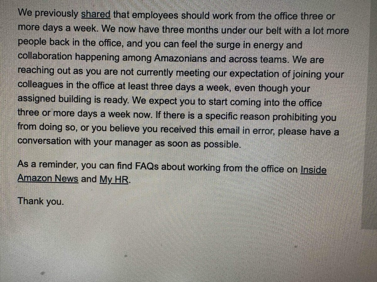 Amazon has started enforcing its #RTO policy, sending stern emails to people who aren't coming in at least three times a week.

The email was leaked on Blind and implies HR has been tracking badge swipes of employees.