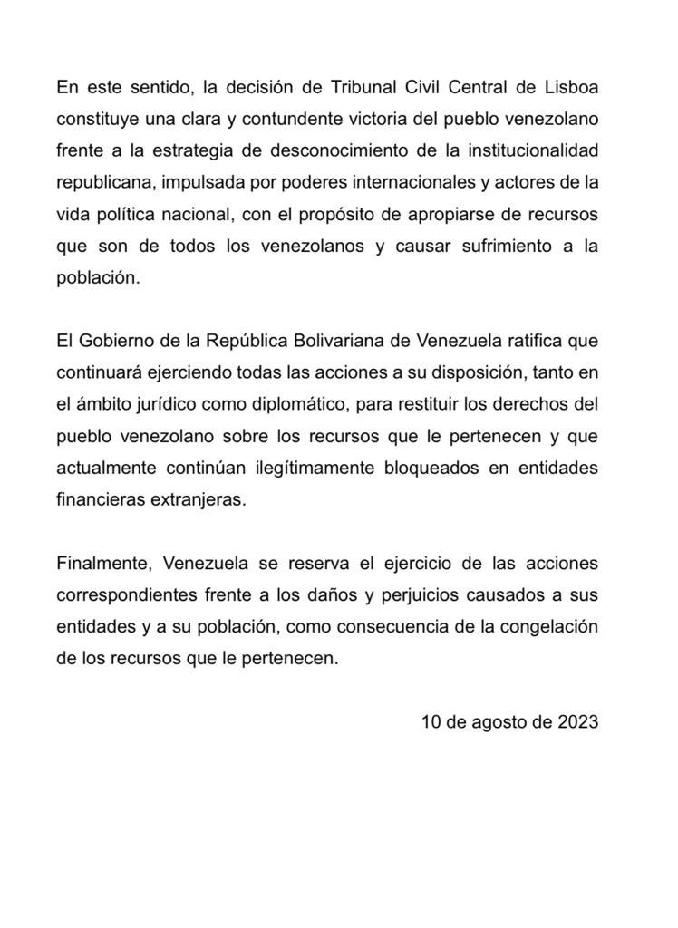 #COMUNICADO🔴| El Gobierno de la República Bolivariana de Venezuela celebra la decisión del Tribunal Civil Central de Lisboa, mediante la cual se ordenó a la entidad financiera Novo Banco devolver los recursos venezolanos retenidos ilegalmente.

#VenezuelaRecuperóLoSuyo