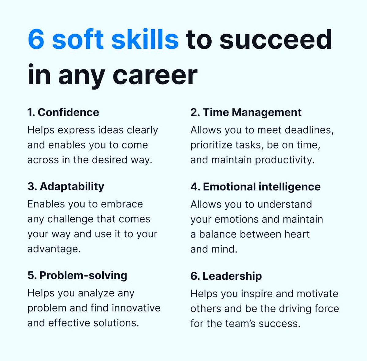 VisionMarket1ng's tweet photo. 🚀 Master these 6 soft skills for career success:
#Confidence 💪
Time management ⏰
#Adaptivity 🔄
Emotional intelligence 🧠
Problem solving 🧩
#Leadership 🌟
Level up your professional journey with these essential traits! #CareerSuccess #SoftSkills 
#CareerGrowth #Skill https://t.co/D7UBeFqwwl