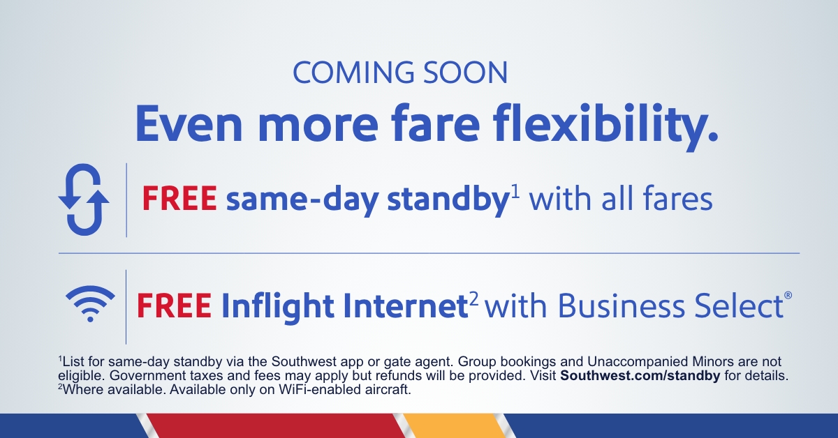 SouthwestAir's tweet image. Big changes coming soon! And by changes, we mean free same-day standby for all Customers, free Inflight Internet for Business Select fares, and more! Stay tuned! 👀