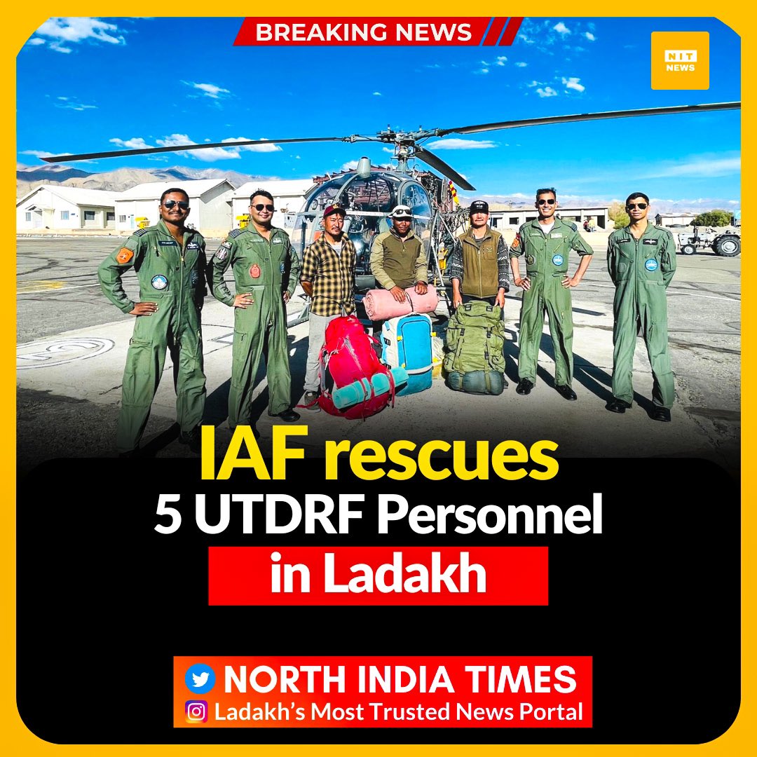 NorthIndiaTimes's tweet photo. Five personnel of the Union Territory Disaster Relief Force #UTDRF were rescued in a daring operation by the Indian Air Force (#IAF) from #Markha Valley in #Ladakh, #Army said on Thursday. https://t.co/ApWpZD1zAO