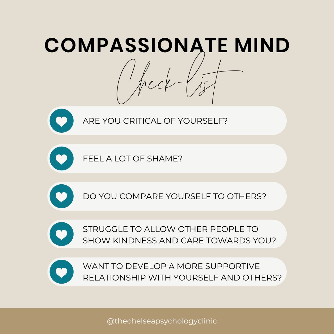 🧠Learn how to develop your #compassionate mind, reduce self-criticism and manage difficult #emotions during our eight-week online Compassionate Mind Training (CMT) course (email grouptherapy@thechelseapsychologyclinic.com for further details): ow.ly/eVV750P8imz #therapy