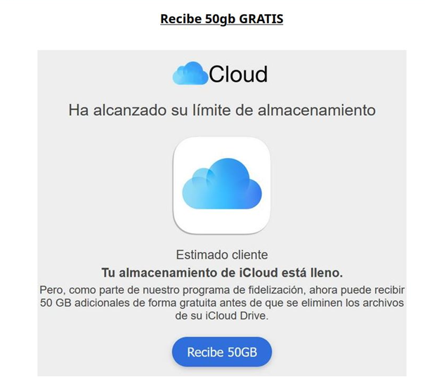 ⚠️ Compte si reps un correu com aquest, és un #Phishing. T'ofereixen 50 GB d'emmagatzematge gratuït al núvol iCloud

No cliquis l'enllaç ni els donis cap dada personal ni bancària <a href="/osiseguridad/">Oficina de Seguridad del Internauta</a>