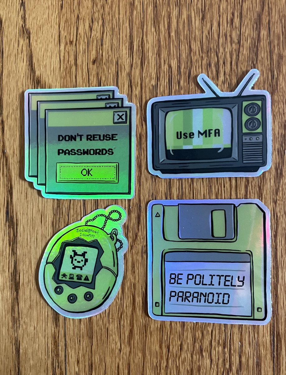 I have brand new stickers for <a href="/defcon/">DEF CON</a> this year! Let me know which ones you want 🤖🤘can’t wait to hand you them.
1. Don’t Reuse Passwords pop up
2. The <a href="/socialproofsec/">SocialProof Security</a> tamagotchi complete with hacking activities
3. Be Politely Paranoid floppy
4. Use MFA emergency TV broadcast