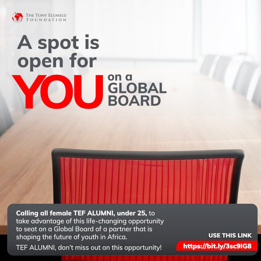 TonyElumeluFDN's tweet photo. Calling on all women TEF Alumni, aged 25 and below 👩🏾💻👩🏾⚖️👩🏽⚕️👩🏾🔬🦸🏽♀️👩🏾🏫👩🏽🍳👩🏾🚀
APPLY NOW for a once in a lifetime opportunity to join one of our partner’s Global Board, to shape strategies, drive initiatives, & spark global impact✨
Your journey with us has equipped you for this! 💪🏾 https://t.co/dgEVQdIDmV
