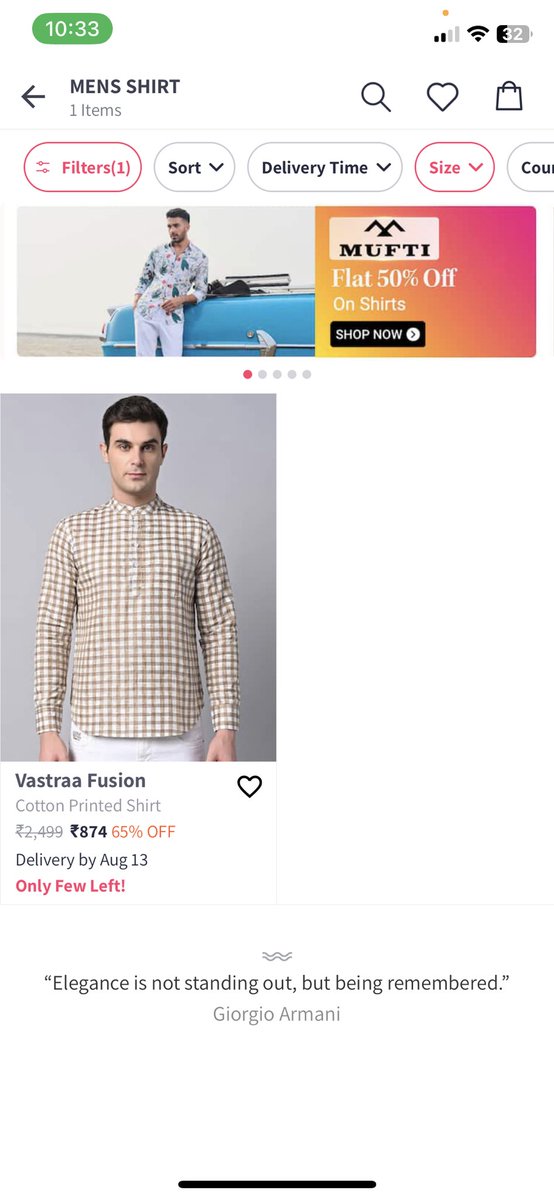 digital__tushar's tweet photo. @MyntraSupport @myntra While sorting the size in mens shirt…found this glitch on the app…only one shirt is coming out in results…A GLITCH TO BE RESOLVED BY THE TEAM.

Thanks😊 https://t.co/HUCnVKF0m4