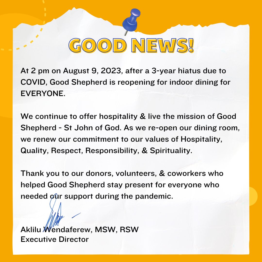 <a href="/goodshepherd_to/">GoodShepherd-Toronto</a> is excited to announce that we have re-opened for indoor dining. Daily meal service from 2-4 pm at 412 Queen St. E. Announcement details here goodshepherd.ca/in-person-dini…
#ItStartsWithAMeal