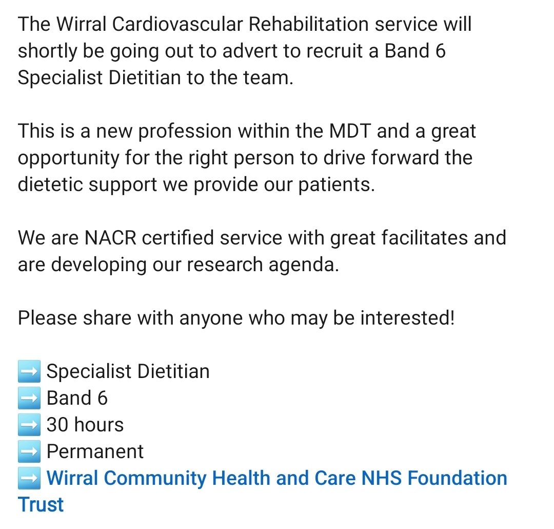 📢 Calling all amazing Dietitians! @BDA_Dietitians @BDA_Obesity @DieteticsDigest @drtom_butler @bacpr @NACR_Audit @wchc_nhs @WCHCJobs