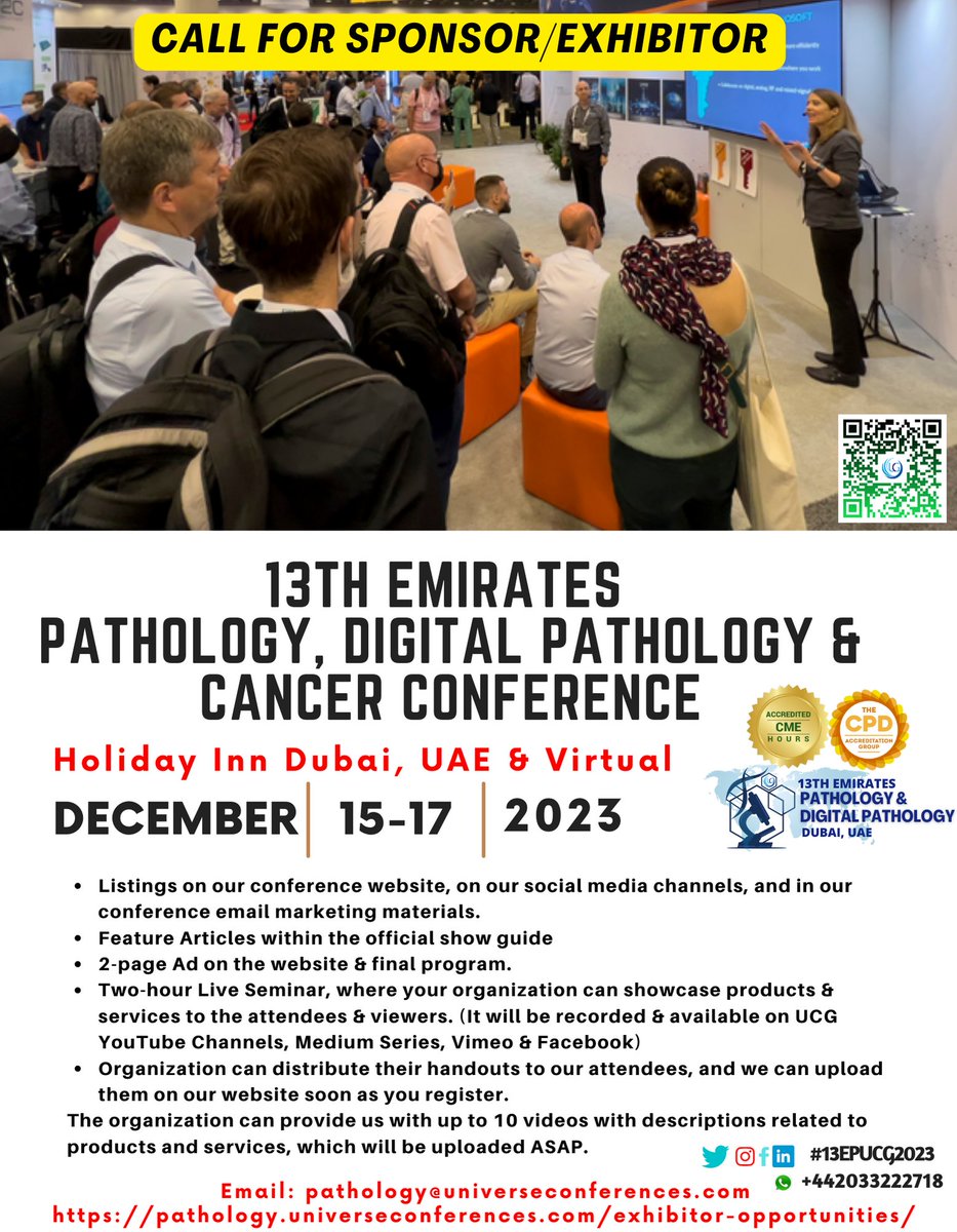 PathologyExper1's tweet image. Call For Exhibitor!!!  
The CME/CPD accredited 13th Emirates Pathology, Digital Pathology &amp;amp; Cancer Conference from December 15-17, 2023, in Holiday Inn Dubai, UAE &amp;amp; Virtual.  
Visit here: pathology.universeconferences.com/exhibitor-oppo…  
WhatsApp: wa.me/442033222718?t…  #ShowcaseYourInnovations