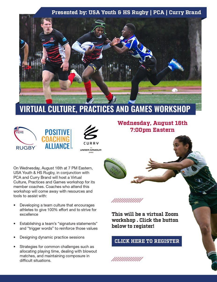 Check this out! USA Youth and HS Rugby, PCA, and Curry Brand are presenting a virtual culture, practices, and games workshop on Wednesday, August 16th. Register now through the following link: us06web.zoom.us/meeting/regist…
