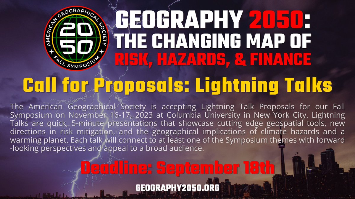 The American Geographical Society (@americangeo) on Twitter photo Be on the cutting edge of #climate. Share your #research at <a href="/AmericanGeo/">The American Geographical Society</a> #Geography2050
and grow your network! Digital or in-person #geography & #geospatial talks accepted. @Geography2050 is November 16-17 in NYC. Submit a lightning talk proposal early! bit.ly/3qe3dSY Be on the cutting edge of #climate. Share your #research at <a href="/AmericanGeo/">The American Geographical Society</a> #Geography2050
and grow your network! Digital or in-person #geography & #geospatial talks accepted. @Geography2050 is November 16-17 in NYC. Submit a lightning talk proposal early! bit.ly/3qe3dSY