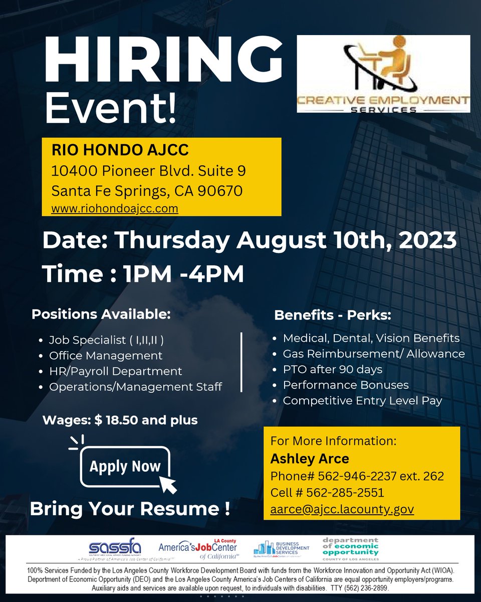Hiring Event today August 10th from 1pm to 4pm
Come dress for Success and ready to be interview.
Many positions available! See you all here!