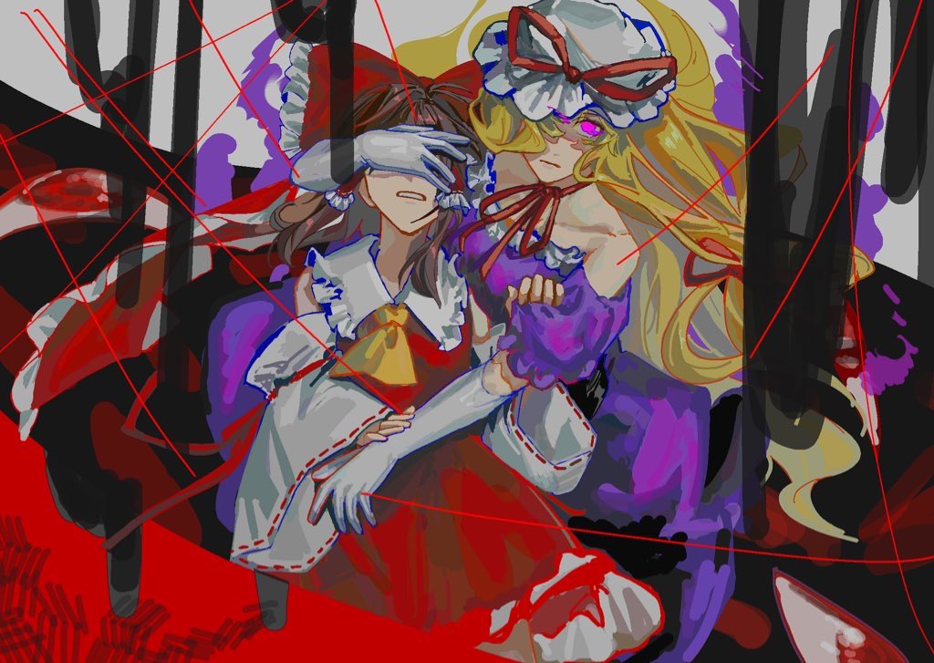 hakurei reimu ,yakumo yukari multiple girls 2girls hat blonde hair long hair gloves purple eyes  illustration images