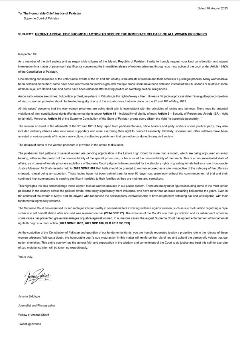 javerias's tweet photo. My open letter to Chief Justice of Pakistan
#ReleaseFemalePrisoners https://t.co/WsQadZa0Xy