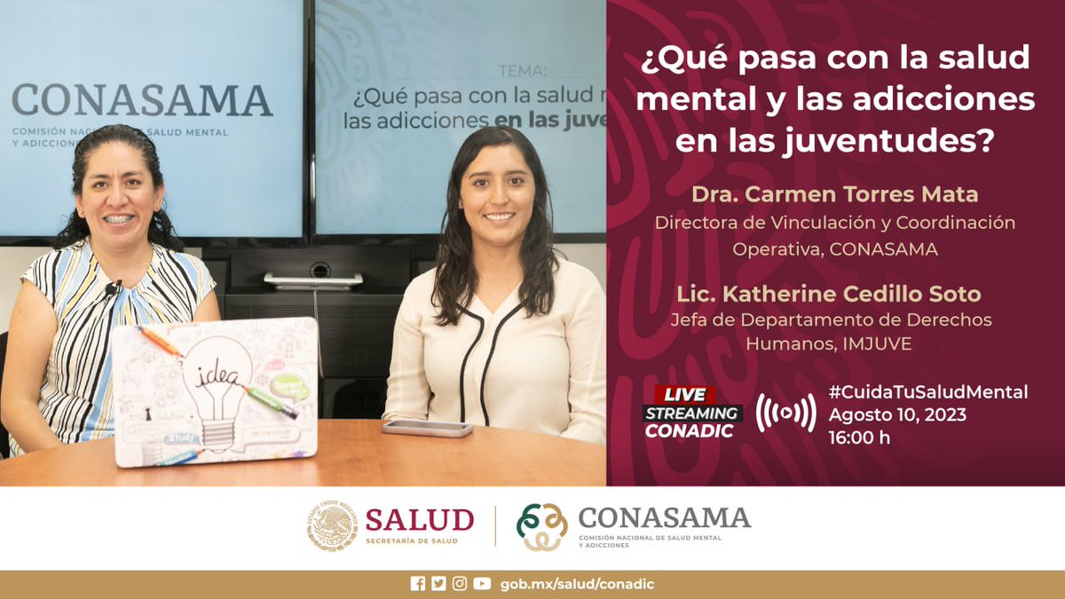 conasamamx's tweet photo. ¿Sabes cómo afecta el uso de sustancias psicoactivas la salud mental de las personas jóvenes?

Acompaña a las especialistas de @ImjuveMX y #CONASAMA en el programa #CuidaTuSaludMental:

📌FBLive: ¿Qué pasa con la salud mental y las adicciones en las juventudes?
📅 Hoy
🕓16:00 h https://t.co/mIcPrif77I