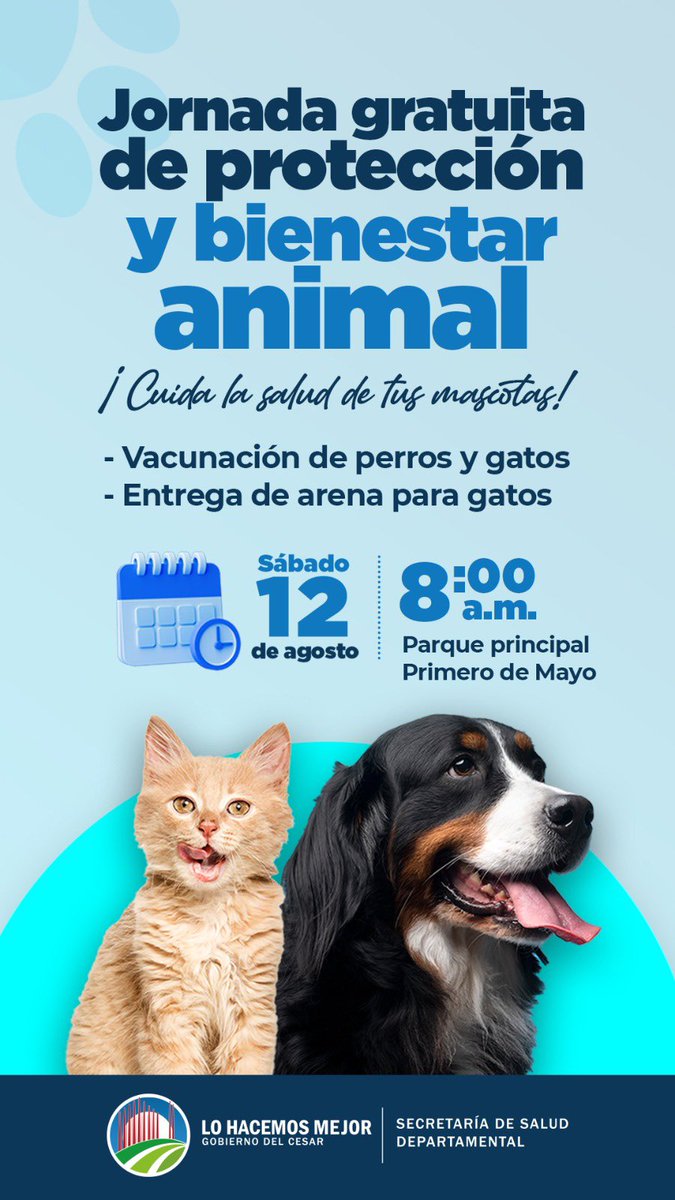 💉🐶🐈 #ProteccionAnimal •Jornada gratuita de protección y bienestar animal

Vacunación de perros y gatos
Entrega de arena para gatos
🗓️ Sábado 12 de agosto
⏰ 8:00 a.m.
🏟️ Parque principal, Primero de Mayo