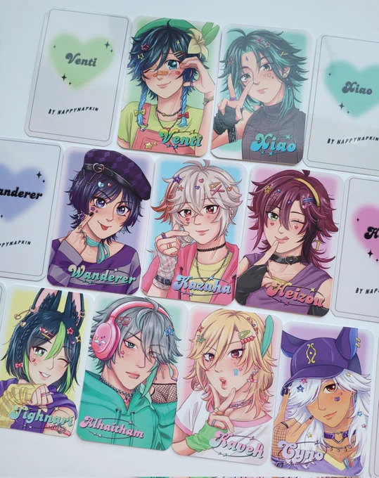 All of my Genshin photocards together! Anemo boys and Sumeru boys  #genshinimpact #genshinimpactfanart #xiaoven #kazuscara #haikaveh #cynonari #heizou