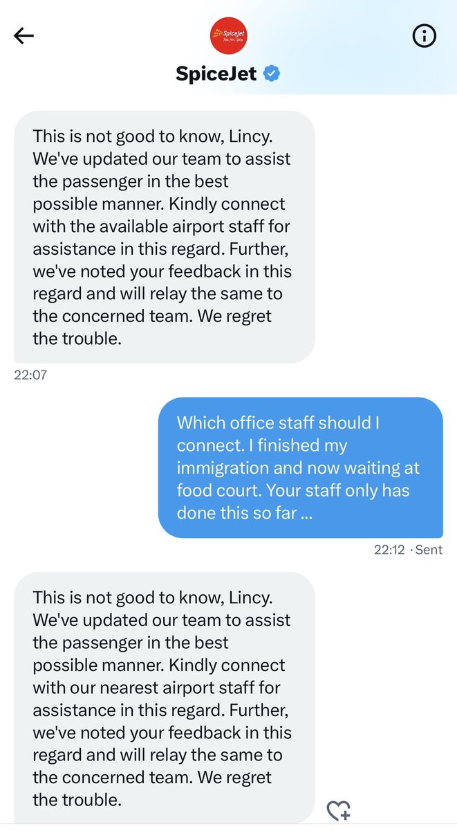 LincySV's tweet image. Last one @flyspicejet 

Here's there response in my DM.

@AjaySingh_SG - while you speak on airfares in public forum, may be we can talk about customer service and humanity to your staff.
