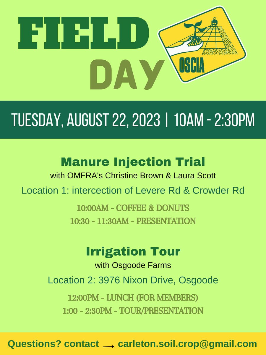 SullivanAgroMS's tweet photo. Come join us for Ottawa-Carleton OSCIA field day August 22. With stops talking about manure injection in crop and sub surface drip irrigation. @orrscia @OntarioSoilCrop https://t.co/GnW6NagVzj